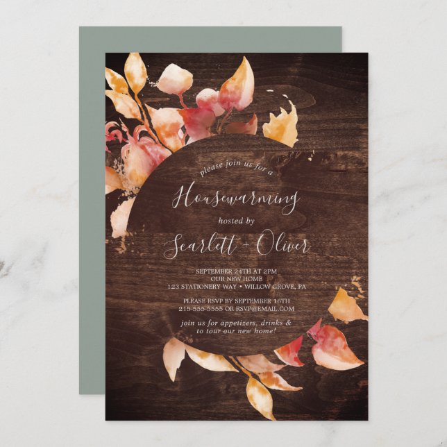 Fall Leaves | Rustic Brown Wood Housewarming Party Invitation (Front/Back)