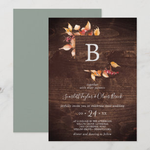 Fall Leaves   Rustic Brown Wood Monogram Wedding Invitation