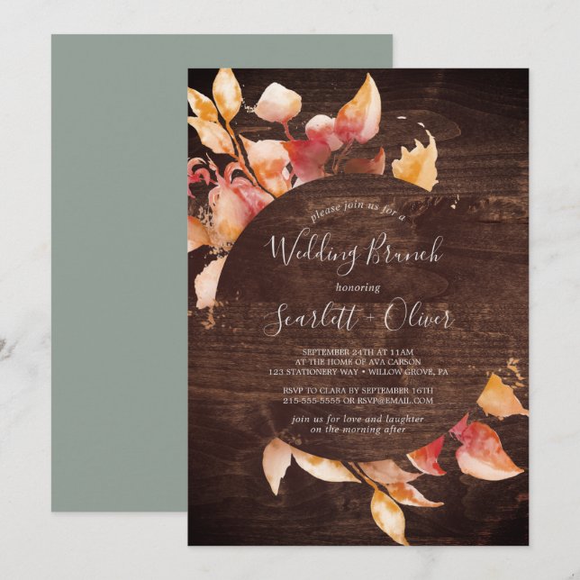 Fall Leaves | Rustic Brown Wood Wedding Brunch Invitation (Front/Back)