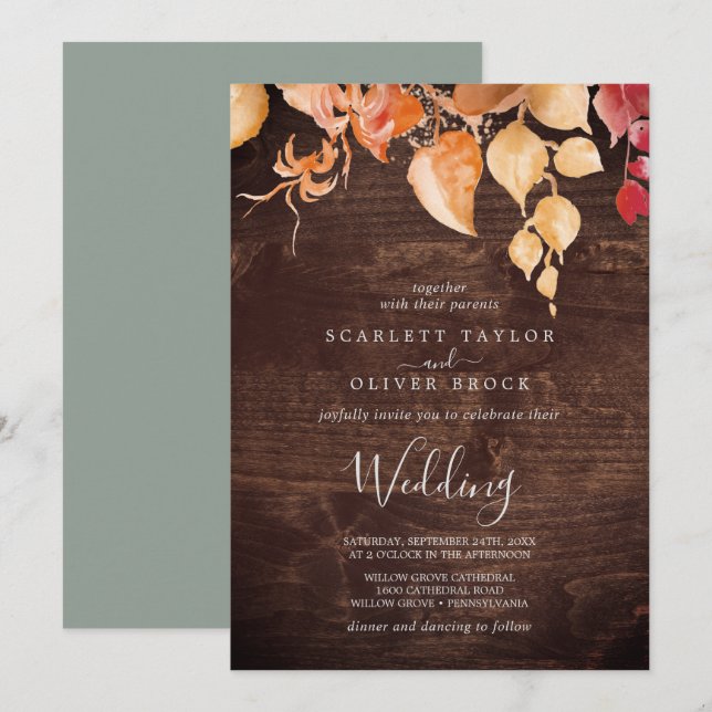 Fall Leaves | Rustic Brown Wood Wedding Invitation (Front/Back)