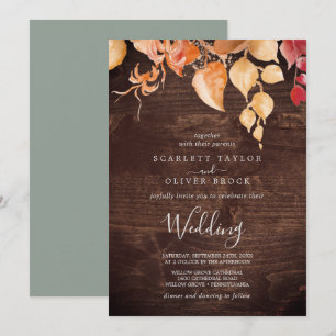 Fall Leaves   Rustic Brown Wood Wedding Invitation