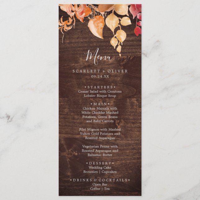 Fall Leaves | Rustic Brown Wood Wedding Menu (Front)