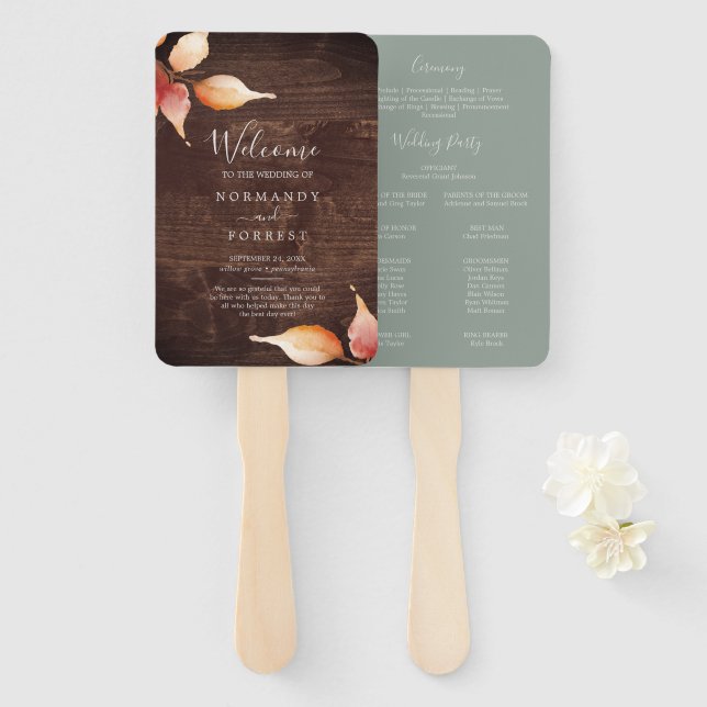 Fall Leaves Rustic Brown Wood Wedding Program Fan (Front and Back)