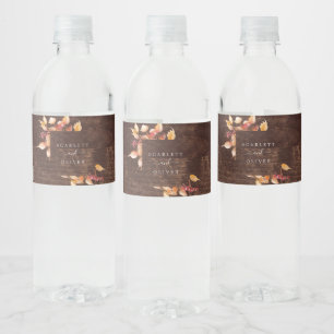 Fall Leaves   Rustic Brown Wood Wedding Water Bottle Label