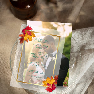 Fall Leaves Rustic Golden Frame Autumn Wedding Vellum Invitations