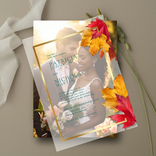 Fall Leaves Rustic Golden Frame Autumn Wedding Vellum Invitations (Creator Uploaded)