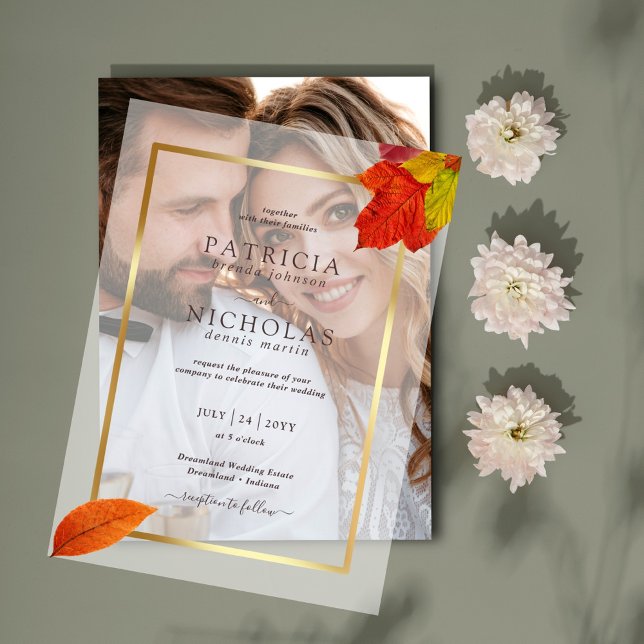 Fall Leaves Rustic Golden Frame  Autumn Wedding Vellum Invitations (Creator Uploaded)