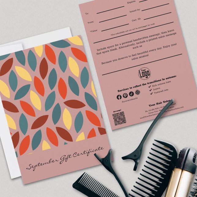 Fall Leaves Service Business Gift Certificate (Leaves Colorful September Gift Certificate, Professional QR Code, Logo, Social, Note)