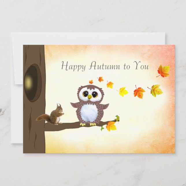 Fall Leaves & Squirrel Happy Autumn Greetings Card (Front)