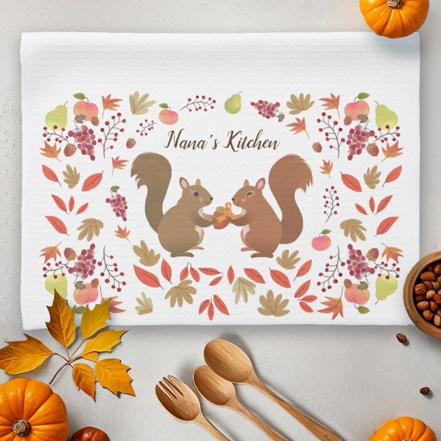 Fall Leaves Squirrels Personalize  Kitchen Towel (Creator Uploaded)