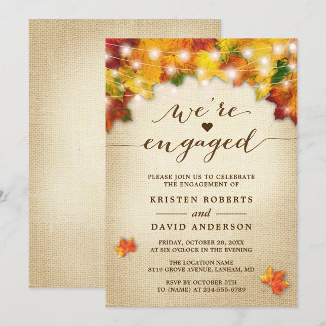 Fall Leaves String Lights Burlap Engagement Party Invitation (Front/Back)
