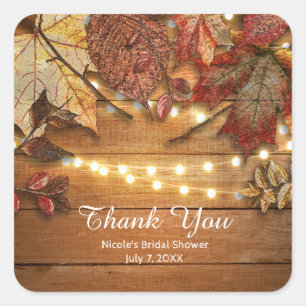 Fall Leaves & String Lights on Rustic Wood Favour Square Sticker