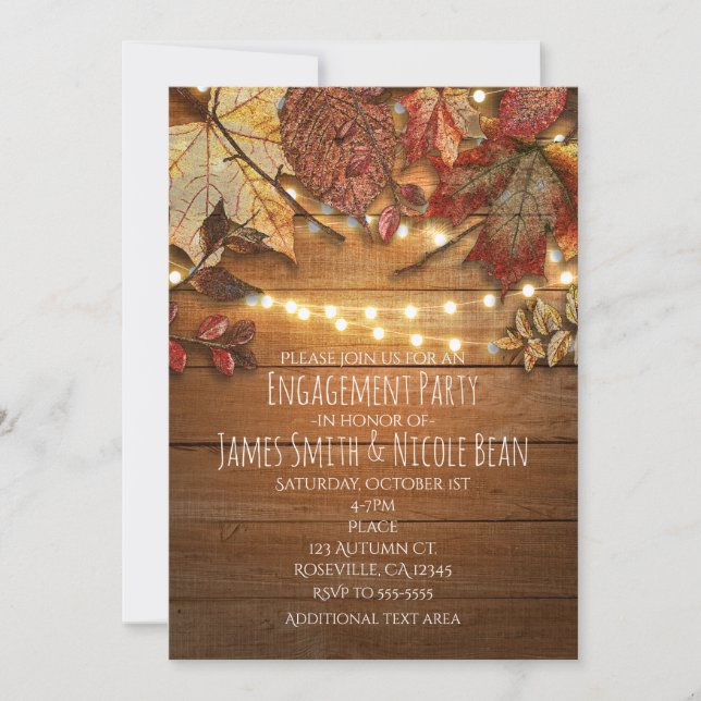 Fall Leaves & String Lights on Rustic Wood Invitation (Front)