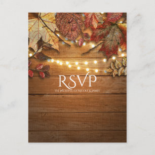 Fall Leaves & String Lights on Rustic Wood RSVP Invitation Postcard
