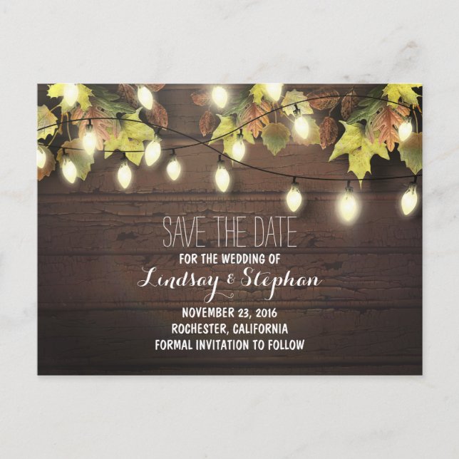 fall leaves & string lights save the date postcard (Front)
