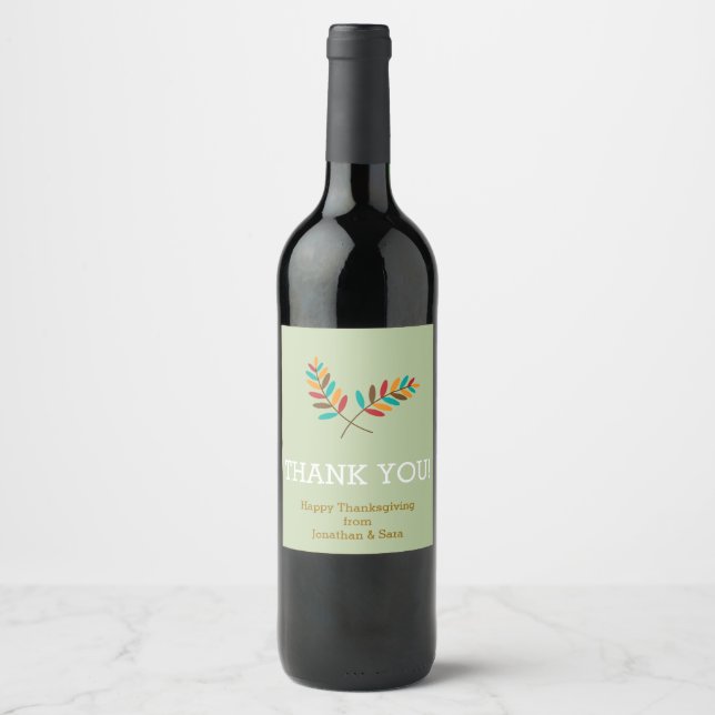 Fall Leaves Thank You Personalized Thanksgiving Wine Label (Front)