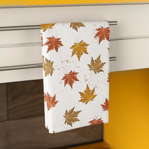 Fall Leaves Watercolor Pattern Kitchen Towel