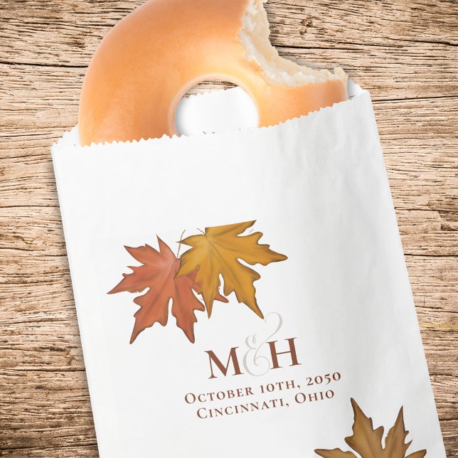 Fall Leaves Wedding Monogram Custom Favour Bag (Fall leaves wedding favor treat bag.)