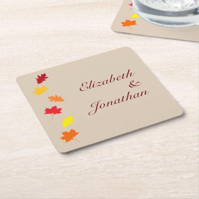 Fall Leaves Wedding Square Paper Coaster (Angled)