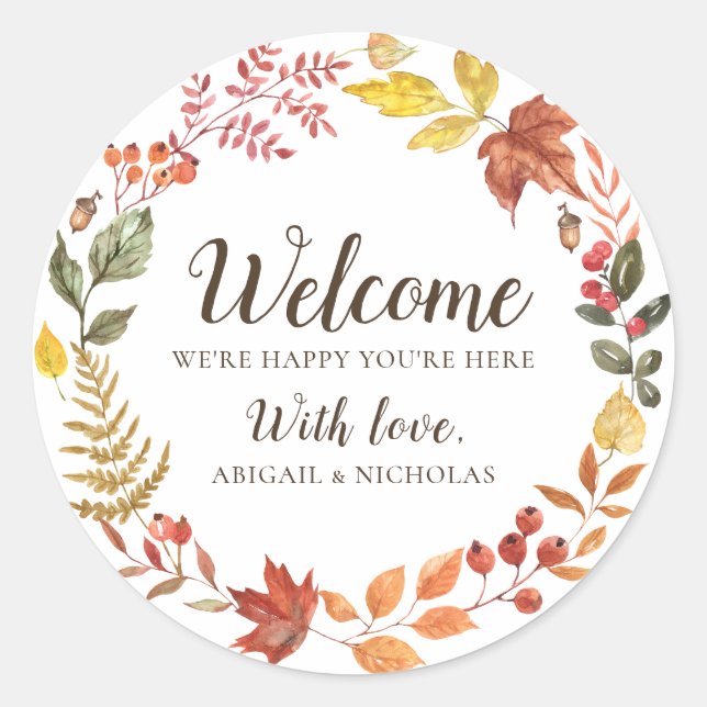 Fall Leaves Wedding Welcome Sticker Bag Label (Front)