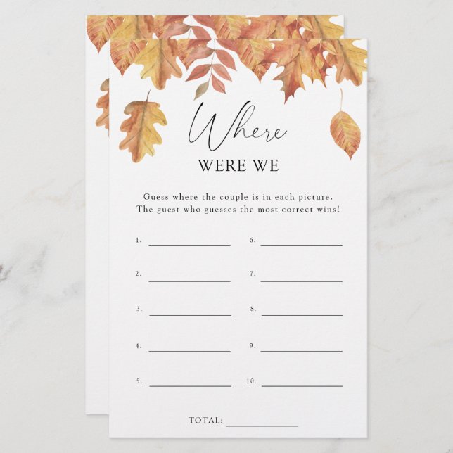 Fall leaves - Where were we bridal shower game (Front/Back)