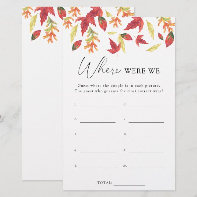 Fall leaves - Where were we bridal shower game (Front/Back)