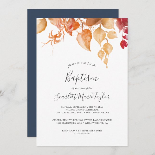 Fall Leaves | White & Burgundy Baptism Invitation (Front/Back)