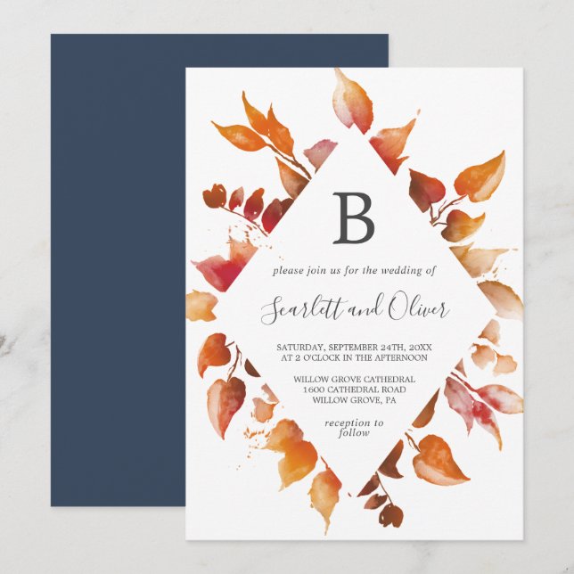 Fall Leaves | White & Burgundy Diamond Wedding Invitation (Front/Back)
