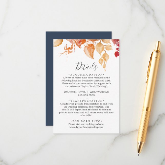 Fall Leaves | White & Burgundy Wedding Details Enclosure Card (Front/Back In Situ)