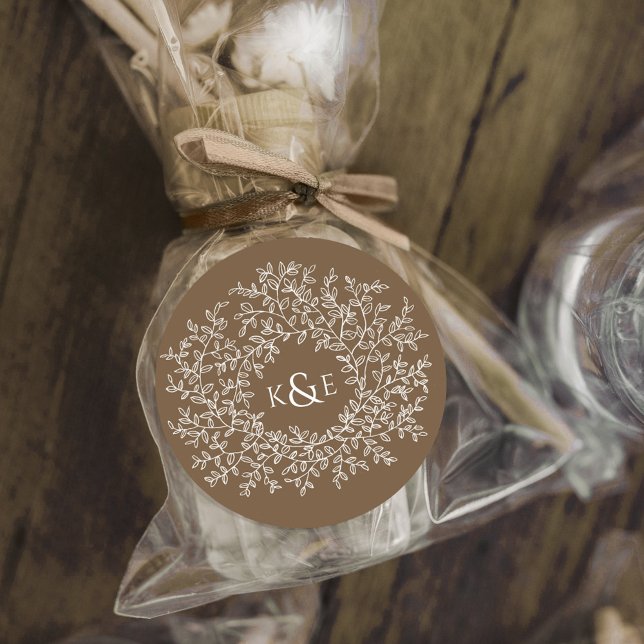Fall leaves white on brown wedding monogram classic round sticker (Creator Uploaded)