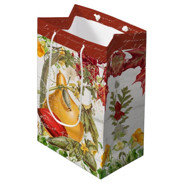Fall Leaves Wildflower Pumpkins Rustic Wood Medium Gift Bag (Front Angled)