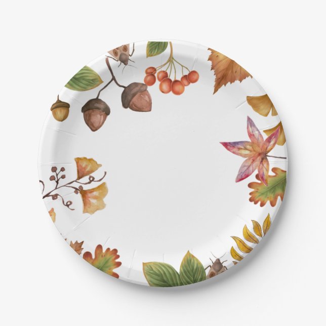Fall leaves with nut and maple leaves Autumn   Paper Plate (Front)