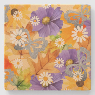 Fall leaves with silver butterflies stone coaster
