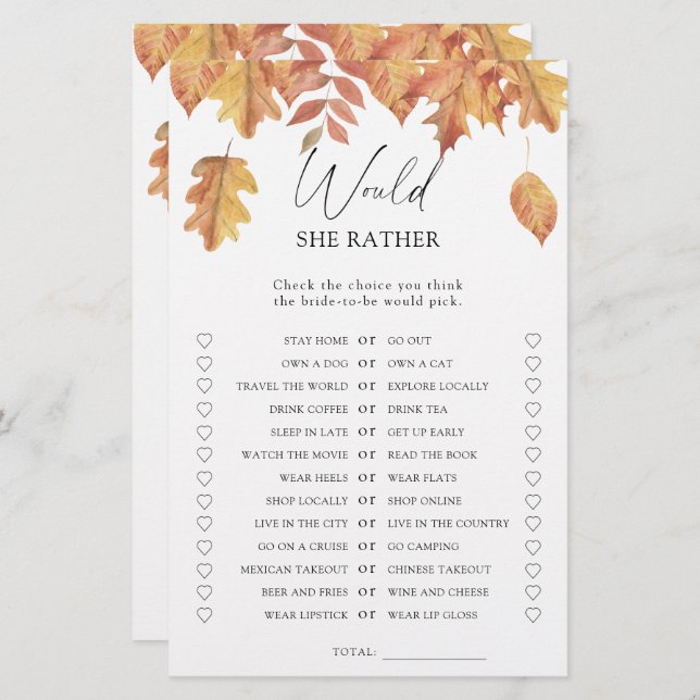 fall leaves - Would she rather bridal shower game (Front/Back)