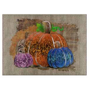 Fall Leopard Print Autumn Pumpkins On Plaid Cutting Board