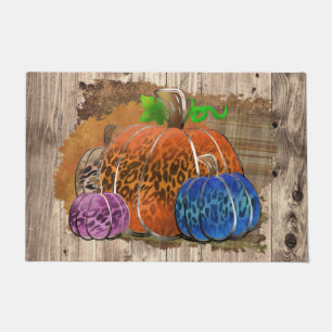 Fall Leopard Print Autumn Pumpkins On Plaid Doormat