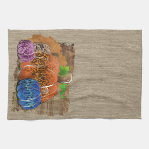 Fall Leopard Print Autumn Pumpkins On Plaid Kitchen Towel