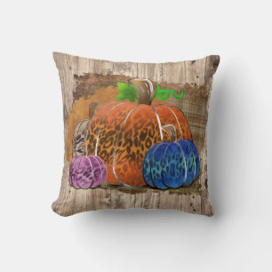 Fall Leopard Print Autumn Pumpkins On Plaid  Throw Pillow
