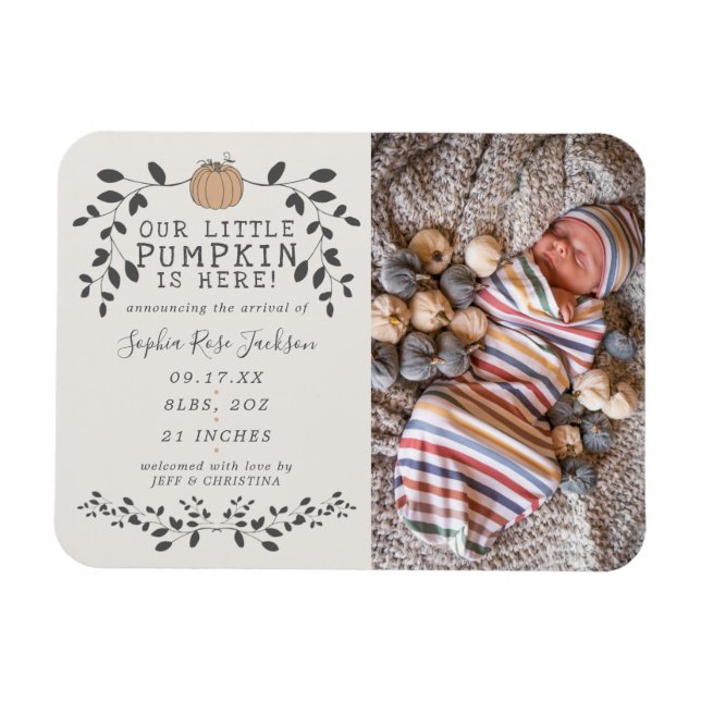 Fall Little Pumpkin Baby Birth Announcement Magnet (Horizontal)