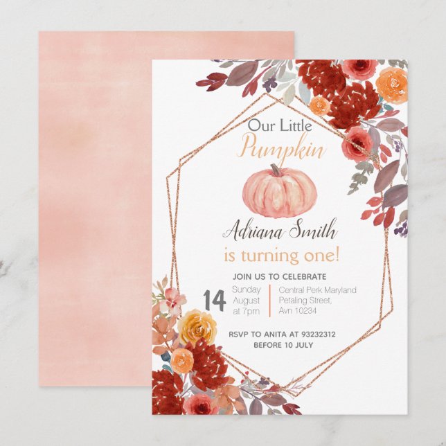 Fall Little Pumpkin Fall Birthday Autumn Pastel Invitation (Front/Back)