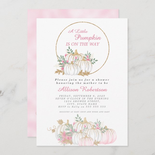 Fall Little Pumpkin Glitter White Pink Baby Shower Invitation (Front/Back)