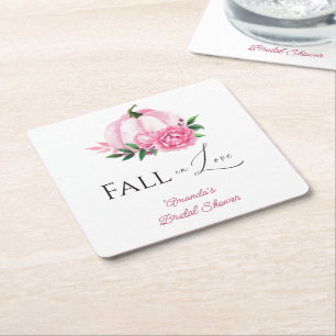 Fall Love Blush Pink Pumpkin Rustic Bridal Shower Square Paper Coaster