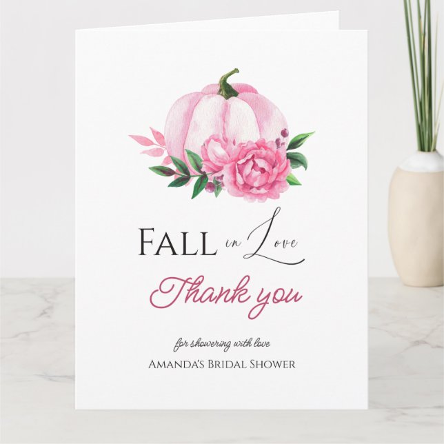 Fall Love Blush Pink Pumpkin Rustic Bridal Shower Thank You Card (Front)