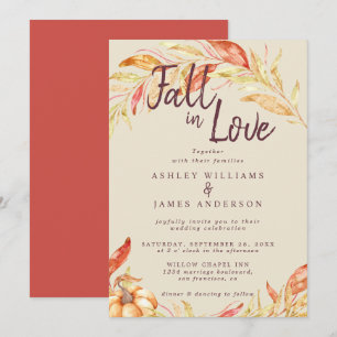 Fall Love Golden Foliage Antique White Red Wedding Invitation