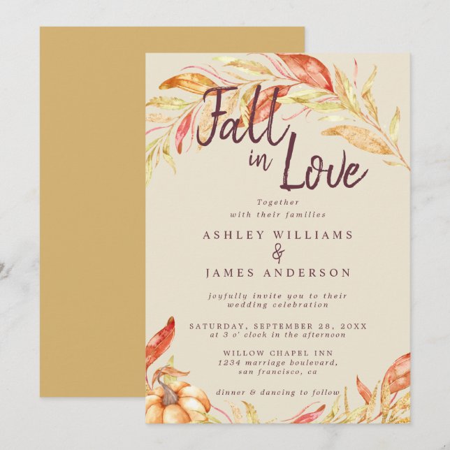 Fall Love Golden Foliage Antique Yellow Wedding Invitation (Front/Back)