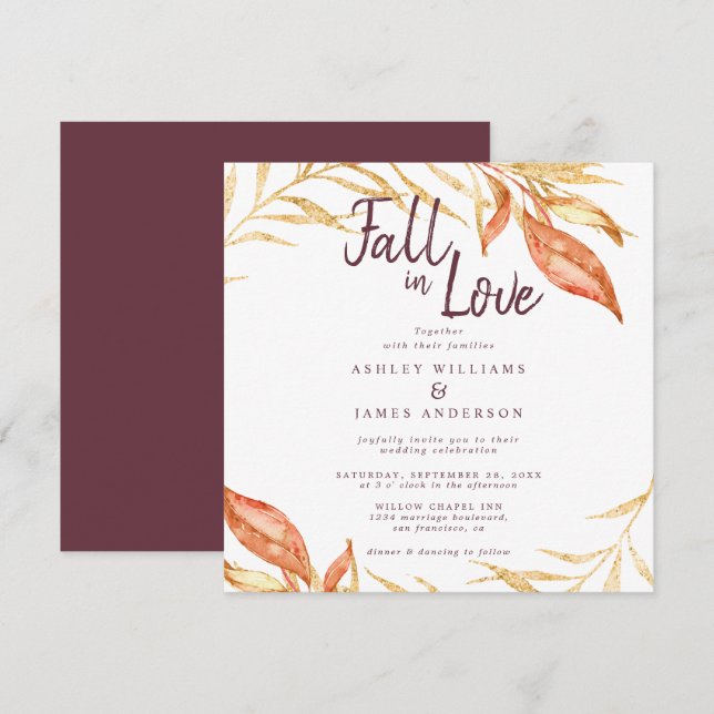 Fall Love Golden Foliage Autumn Burgundy Wedding Invitation (Front/Back)