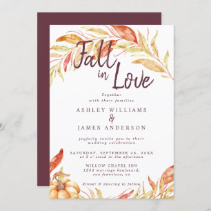 Fall Love Golden Foliage Autumn Burgundy Wedding Invitation