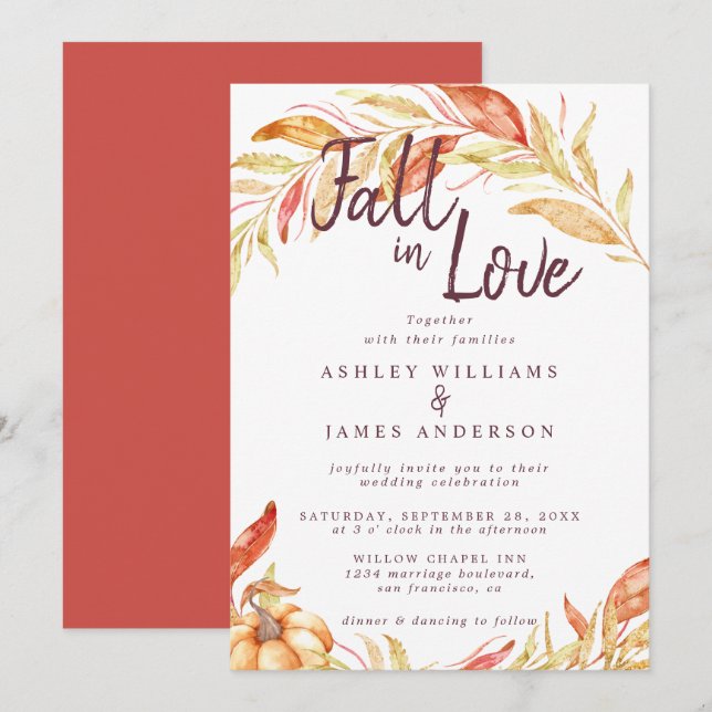 Fall Love Golden Foliage Autumn Red Wedding Invitation (Front/Back)