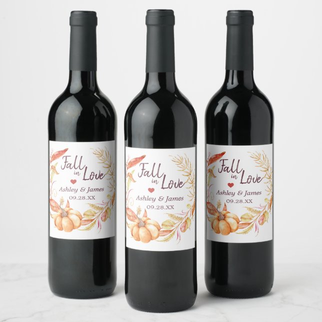 Fall Love Golden Foliage Autumn Wedding Monogram Wine Label (Bottles)
