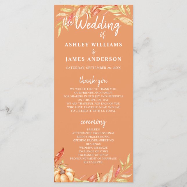Fall Love Golden Foliage Orange Wedding Program (Front)